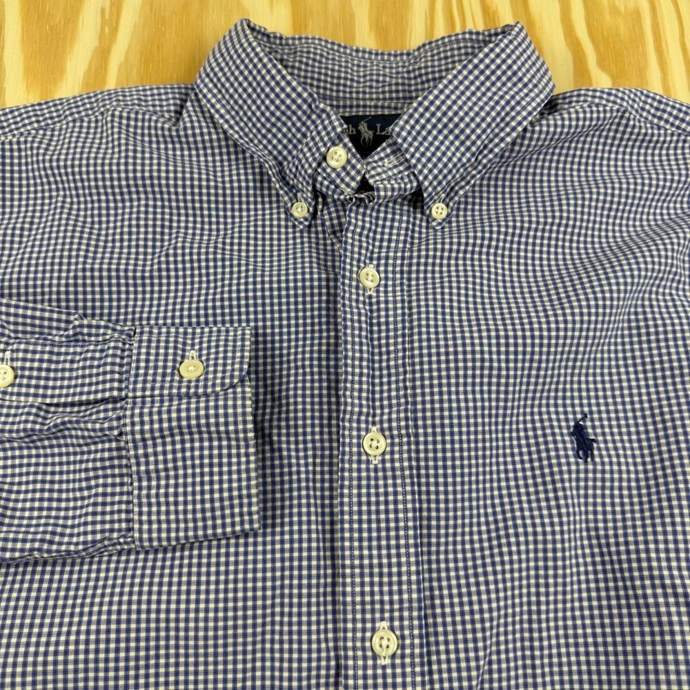 Ralph Lauren Blake Mens Large Blue Gingham Check Button Down Shirt 100% Cotton‎
